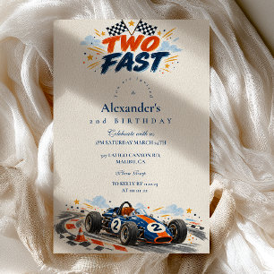 Invitación Dos Cumpleaños Rápidos Vintage Azul Marino Naranja