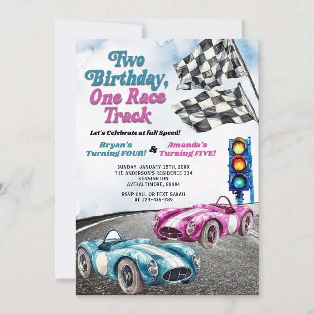 Invitación Dos Cumpleaños Un Carro de Carrera de Carrera Únas (Anverso)