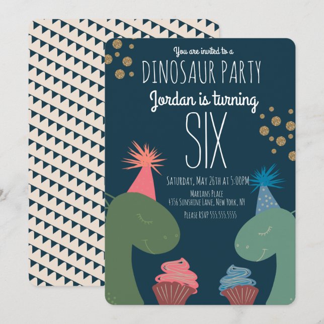 Invitación Dos Cupcakes de Cumpleaños de Dinosaurio con Confe (Anverso / Reverso)
