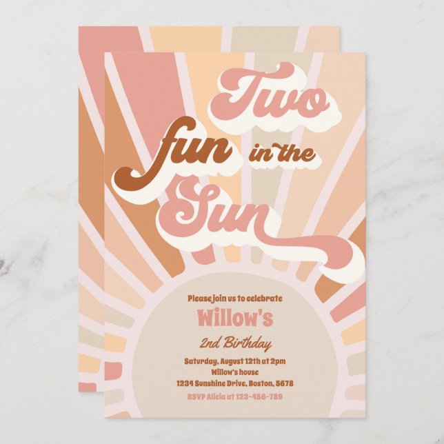 Invitación Dos Divertidas En El Sol Sunshine Segundo Cumpleañ (Anverso / Reverso)