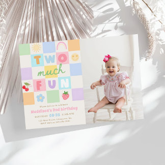 Invitación Dos divertidos Colorido Gingham Cumpleaños 2 Foto