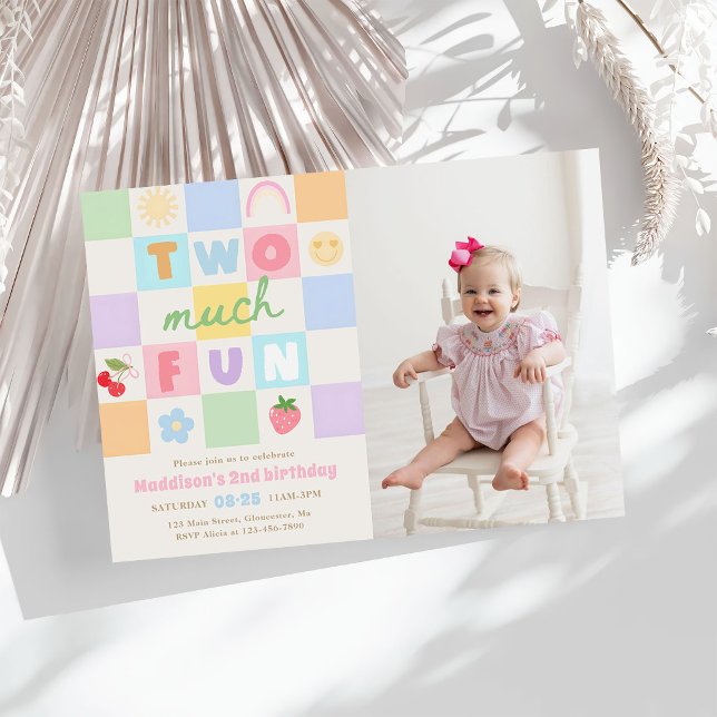 Invitación Dos divertidos Colorido Gingham Cumpleaños 2 Foto (Subido por el creador)