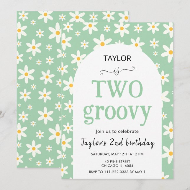 Invitación DOS divertidos Cumpleaños 2 de Daisy Verde Menta (Anverso / Reverso)