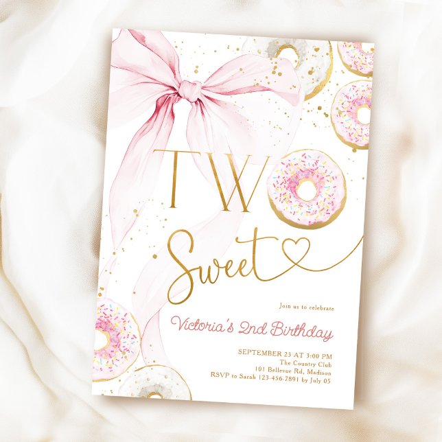 Invitación Dos Donas Dulces con Lazo Rosa para Segundo Cumple (Subido por el creador)