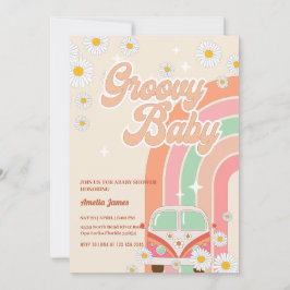 Invitación Dos duchas Groovy para bebés Pink Daisy Rainbow Va