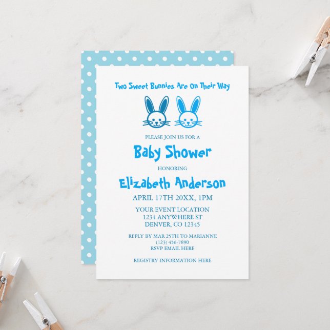 Invitación Dos dulces Bunnies Twin Boys Baby Shower (Anverso/Reverso In Situ)