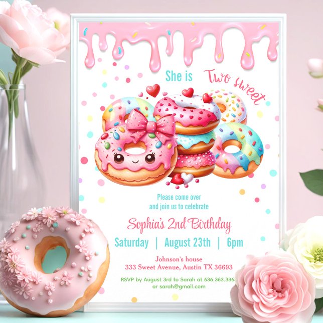 Invitación Dos dulces burdos Chicas rosados de Donut Segundo  (Two Sweet Cute Donut Pink Girl 2nd Birthday Invitation)