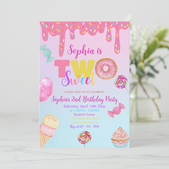 Invitación Dos dulces Chicas Donut caramelos rosados Segundo  (Anverso de pie)