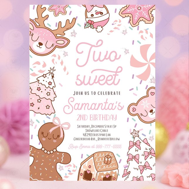 Invitación Dos dulces Chicas Navidades Cookie 2º Fiesta de cu (Two Sweet girl Christmas cookie second birthday party invitation with gingerbread, holiday cookies, )