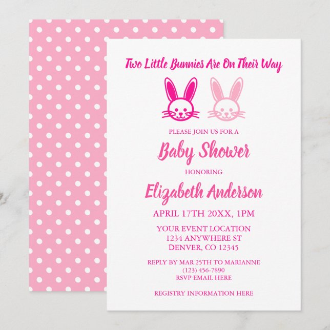 Invitación Dos dulces conejitos gemelos Chica Baby Shower (Anverso / Reverso)