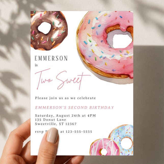 Invitación Dos dulces donas de acuarela para segundo cumpleañ (Two Sweet Watercolor Donut 2nd Birthday Invitation
)