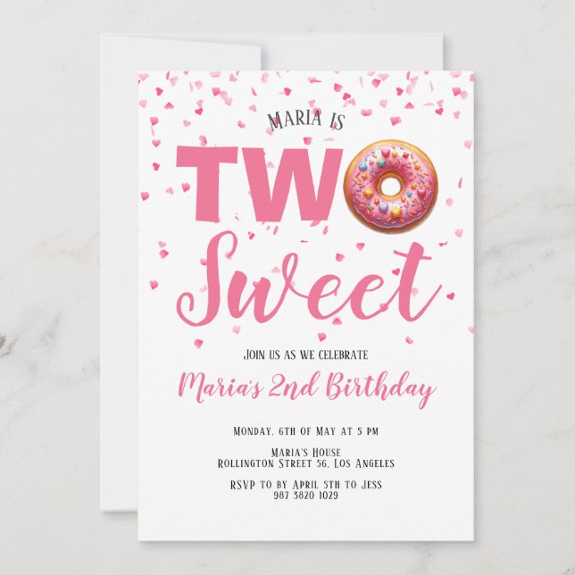 Invitación Dos dulces Donut rosados Confetti segundo cumpleañ (Anverso)