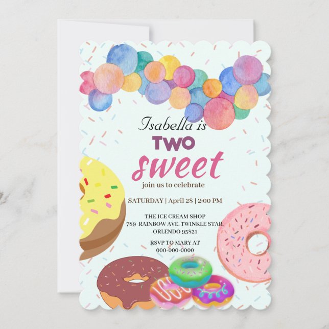Invitación Dos dulces donut y Chica de segundo cumpleaños con (Anverso)