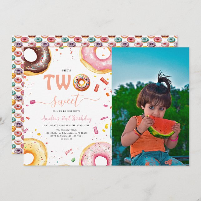 Invitación Dos dulces donuts fiesta del segundo cumpleaños (Anverso / Reverso)