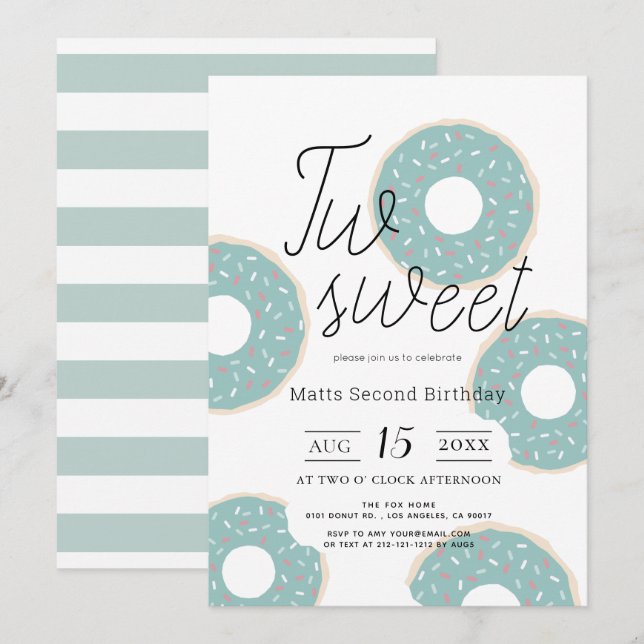 Invitación Dos dulces Green Donut Boy 2º cumpleaños (Anverso / Reverso)