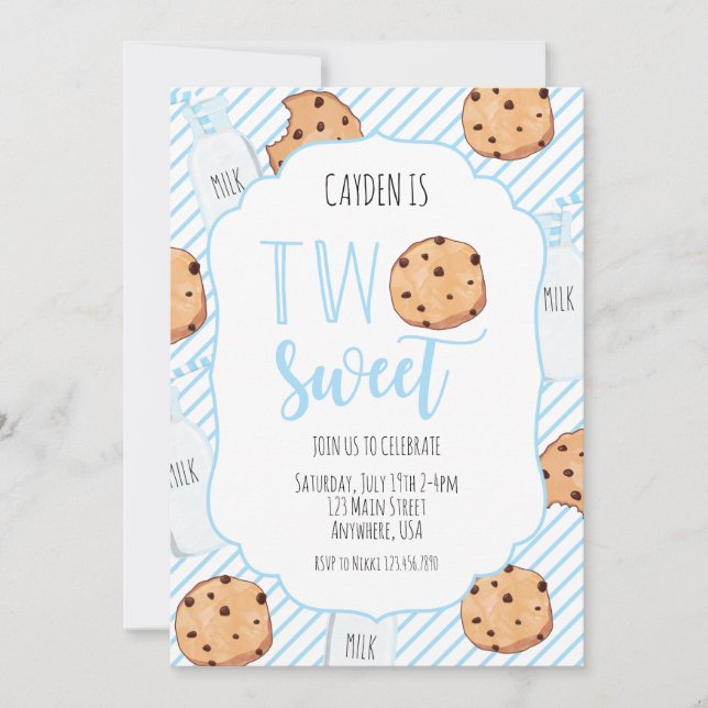 Invitación Dos dulces leche y galletas niño azul cumpleaños 2 (Anverso)