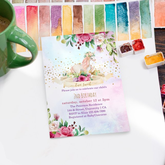Invitación Dos dulces niñas de unicornio Fiesta de segundo cu (Subido por el creador)