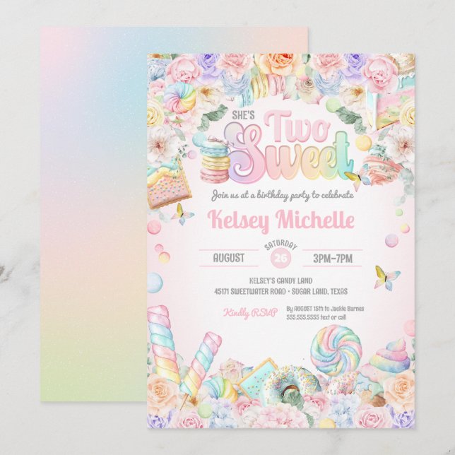 Invitación Dos dulces Pastel Candy Shope segundo niño de cump (Anverso / Reverso)