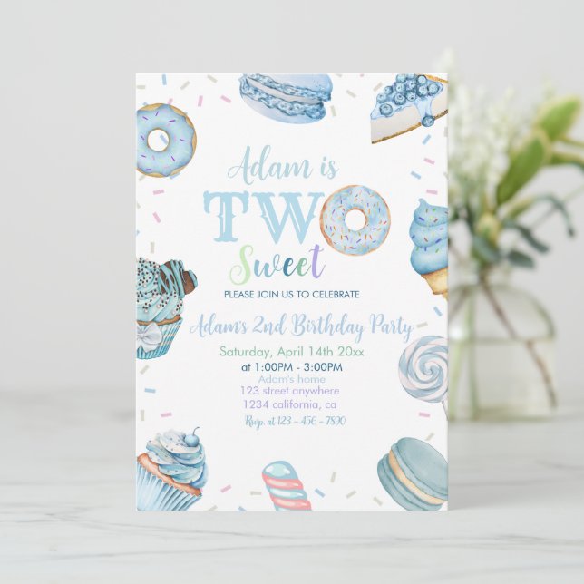 Invitación Dos dulces polos donut postres azules segundo cump (Anverso de pie)
