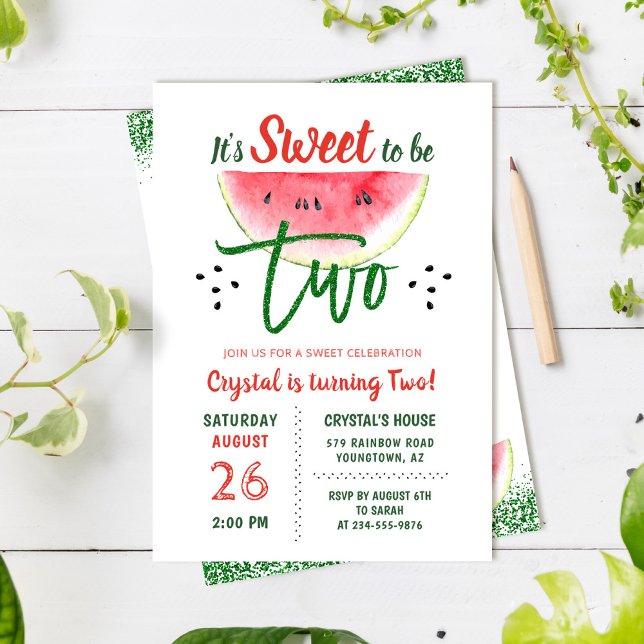 Invitación Dos Dulces Purpurinas de la sandía segundo cumplea (Subido por el creador)