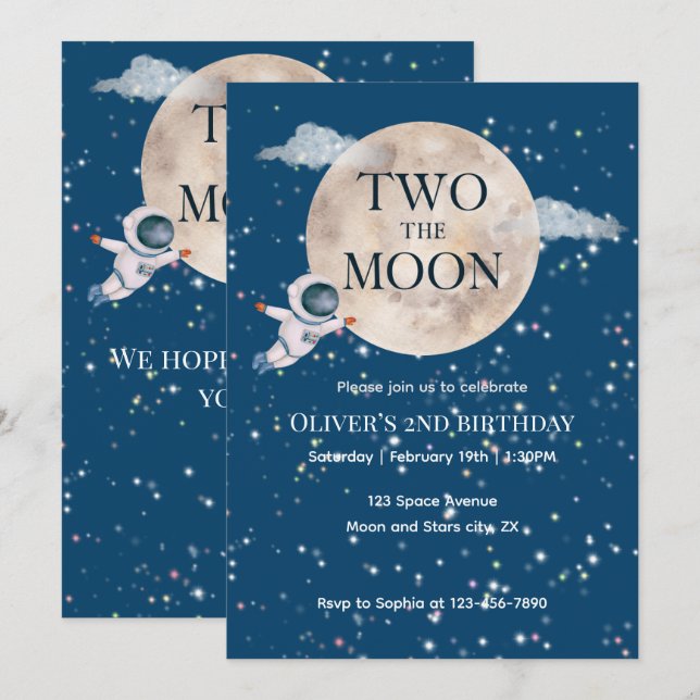 Invitación Dos El Astronauta Espacial Moon Boy 2º Bday Modern (Anverso / Reverso)