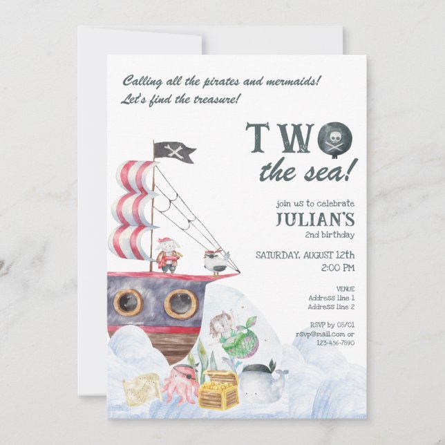 Invitación Dos El Barco Pirata Marítimo Sirena Segundo Fiesta (Anverso)