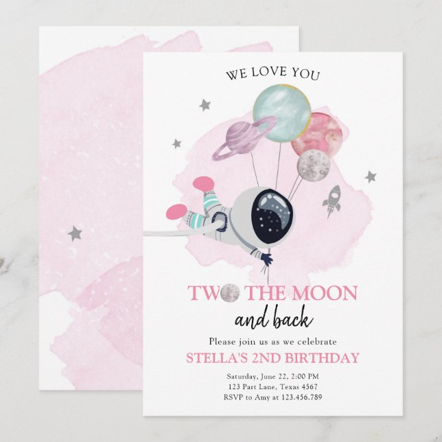 Invitación Dos El Chica Espacial Astronauta De La Luna Segund (Anverso / Reverso)