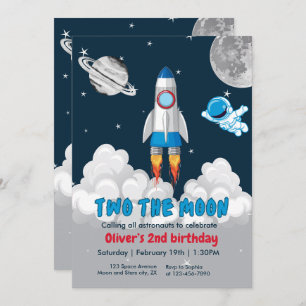 Invitación Dos el cohete espacial Moon Boy Segundo Cumpleaños