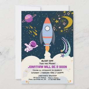 Invitación Dos el cohete espacial Moon Boy Segundo Cumpleaños