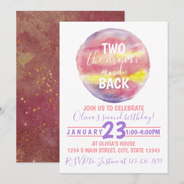 Invitación Dos el cumpleaños de la luna y de vuelta (Anverso / Reverso)