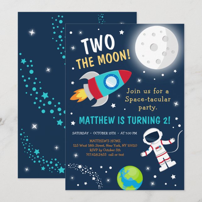 Invitación Dos El Cumpleaños Del Espacio De La Luna (Anverso / Reverso)