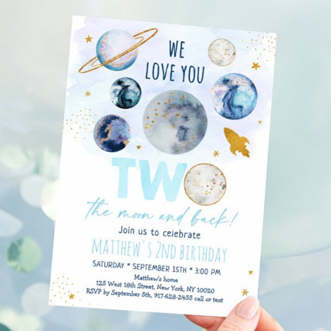 Invitación Dos el cumpleaños del espacio Moon Blue Gold (Subido por el creador)