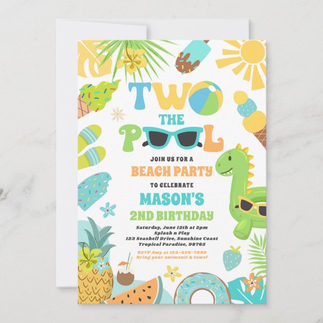 Invitación Dos El Fiesta De La Piscina En Verano Del Segundo  (Anverso)