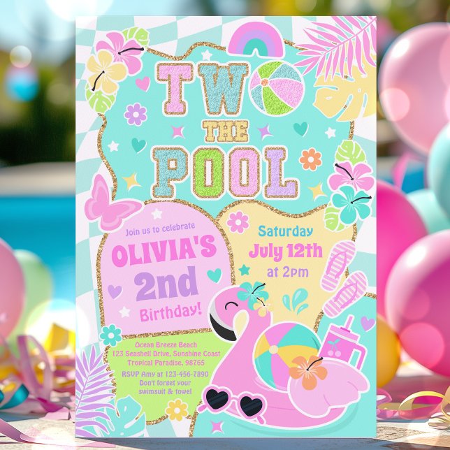 Invitación Dos El Fiesta De La Piscina Preppy Girly De Segund (Subido por el creador)