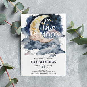 Invitación Dos el niño acuarela de la luna segundo cumpleaños
