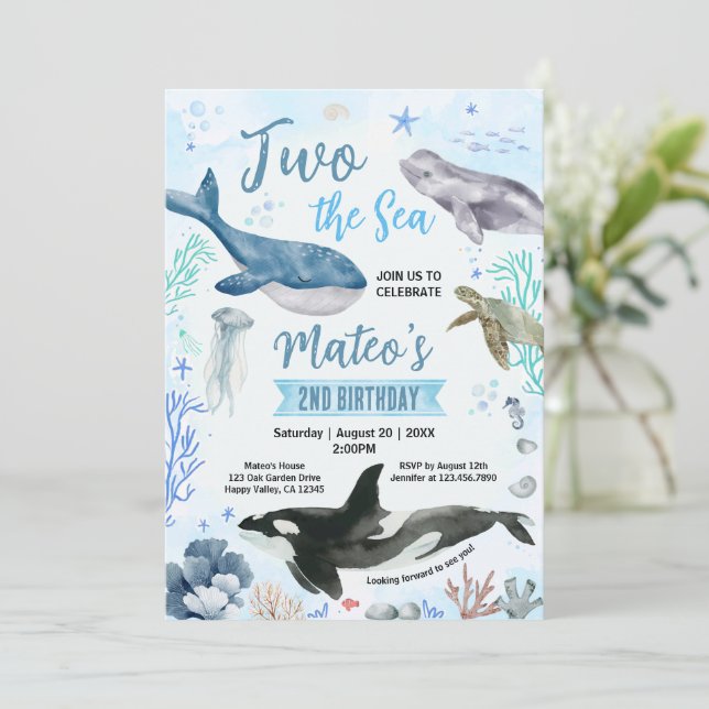 Invitación Dos El Niño del Mar 2do Cumpleaños Acuarela (Anverso de pie)