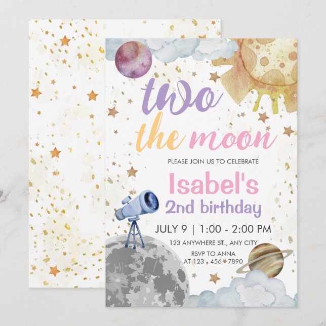 Invitación Dos el tema del espacio de cumpleaños número 2 de  (Anverso / Reverso)