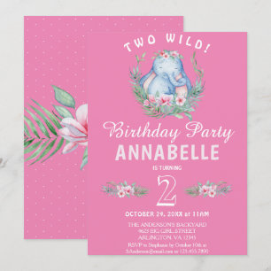 Invitación Dos elefantes tropicales salvajes rosados cumpleañ