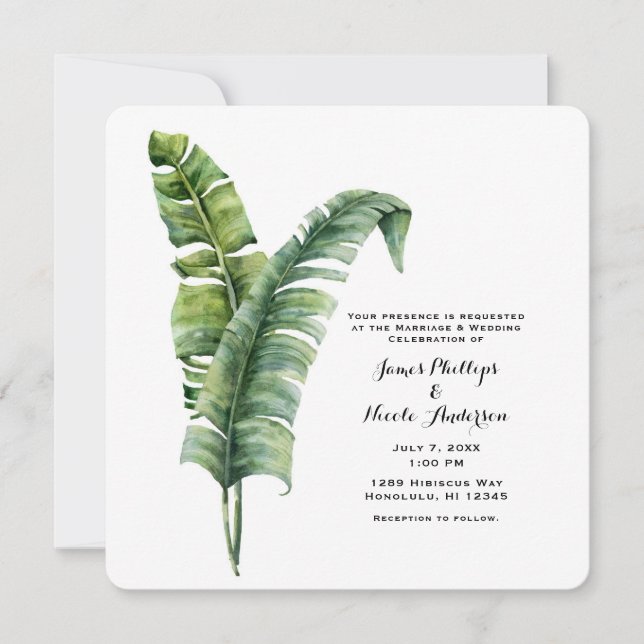 Invitación Dos elegantes hojas de palmera Boda trópico simple (Anverso)