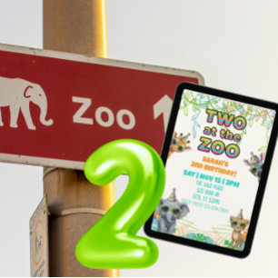 Invitación Dos en el Zoológico, Animal de Fiesta con Cumpleañ
