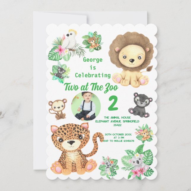 Invitación Dos en la foto de cumpleaños de animales de la sel (Anverso)