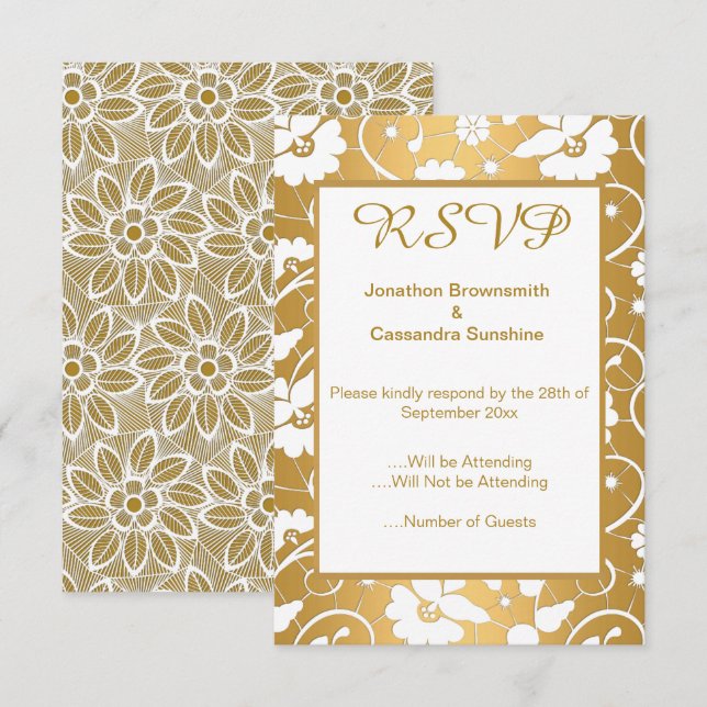 INVITACIÓN DOS EN LACE BLANCO ORO RESPUESTA DE BODAS RSVP (Anverso / Reverso)