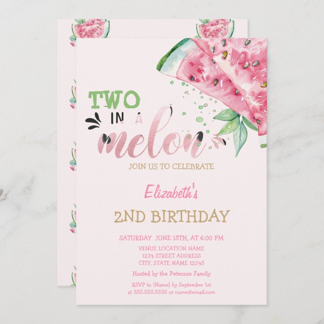 Invitación Dos En Un Melón Melones De Melón Segundo Cumpleaño (Anverso / Reverso)