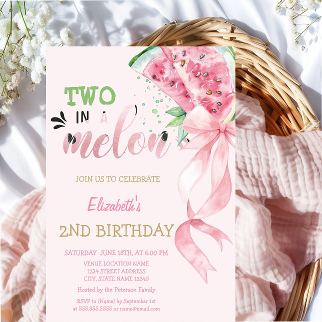 Invitación Dos En Un Melón Sandías Lazo Rosa Cumpleaños 2  (Subido por el creador)