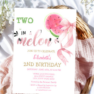 Invitación Dos En Un Melón Sandías Lazo Rosa Cumpleaños 2 