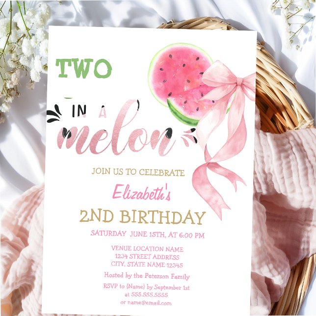 Invitación Dos En Un Melón Sandías Lazo Rosa Cumpleaños 2  (Subido por el creador)