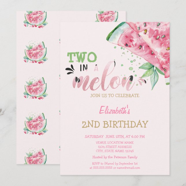 Invitación Dos En Un Melón Sandías Rosa Cumpleaños 2  (Anverso / Reverso)