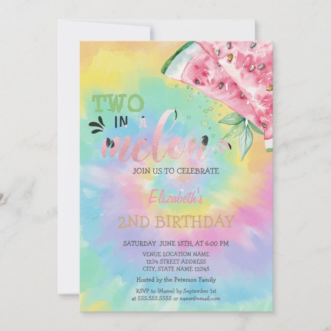 Invitación Dos En Un Melón Sandías Tye Dye 2do Cumpleaños  (Anverso)