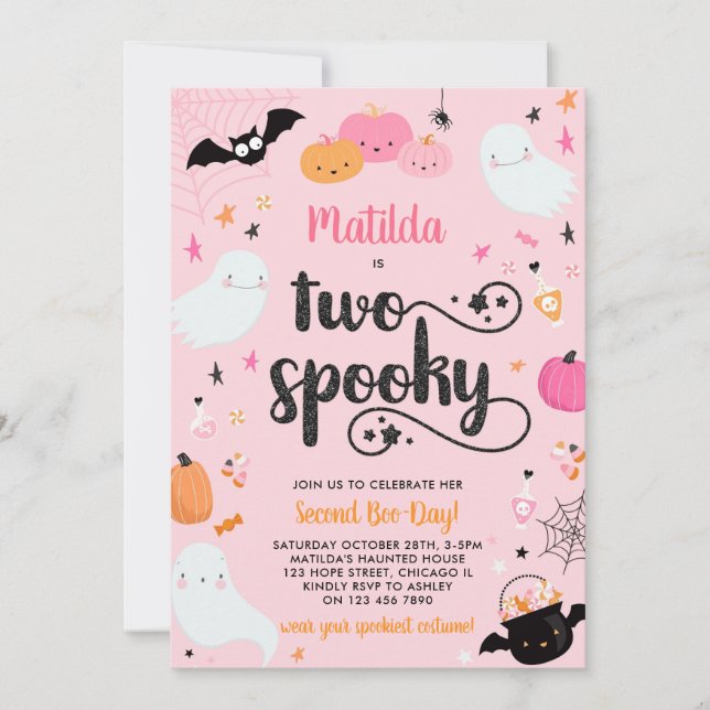 Invitación Dos Fantasma Fantasma De Halloween Rosa Segundo Fi (Anverso)