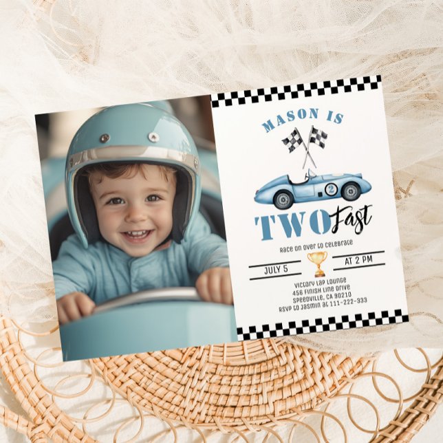 Invitación Dos Fast Blue Photo Race car Boy 2º cumpleaños (Subido por el creador)